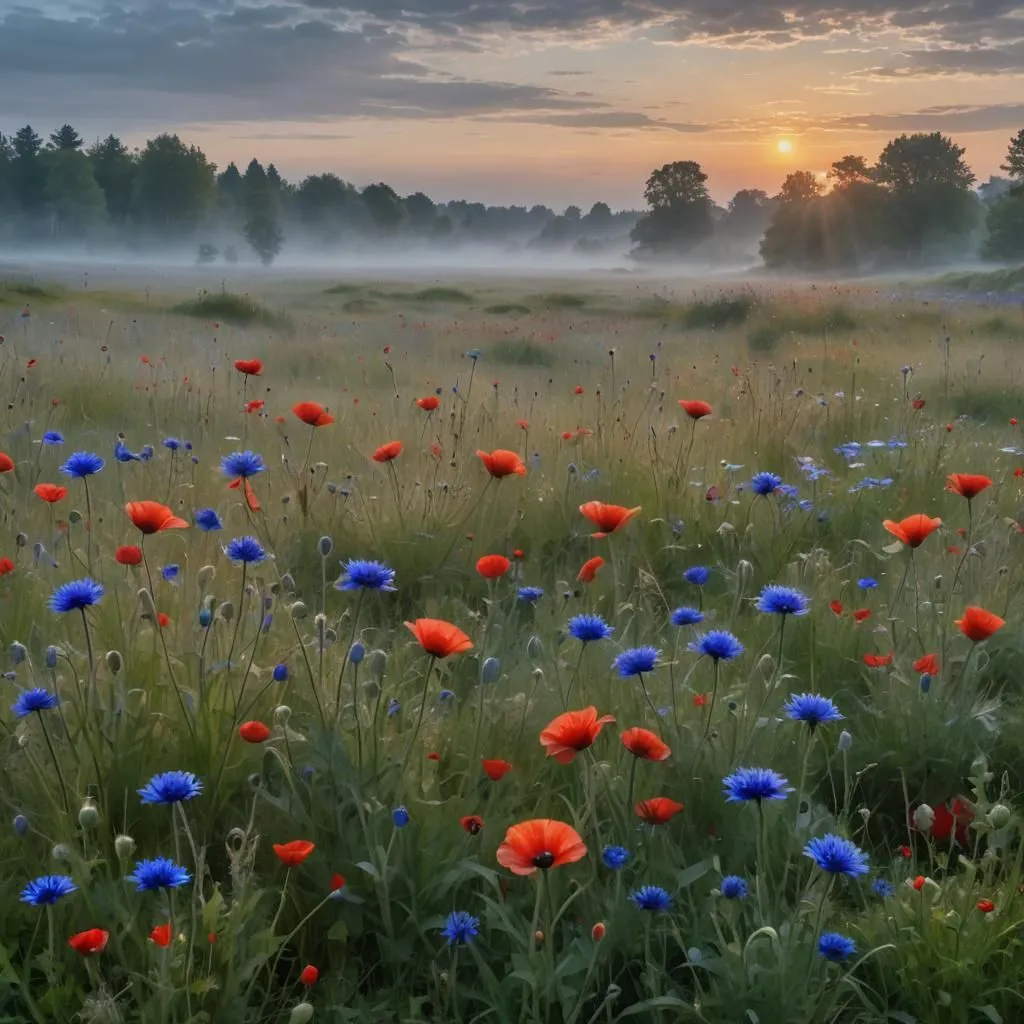 The image is of a field of red and blue flowers with a forest in the distance. The sun is rising and there is a mist over the field. The flowers are mostly red poppies and blue cornflowers. The poppies are a bright red color and the cornflowers are a deep blue color. The flowers are all different sizes and shapes. Some of the poppies are tall and slender while others are short and stocky. The cornflowers are all about the same size and shape. The flowers are all in bloom and they are very beautiful. The field is very large and it is full of flowers. The forest in the distance is tall and green. The sun is rising behind the forest and it is casting a golden glow over the field. The mist is slowly lifting and it is revealing the beauty of the field. The image is very peaceful and serene.