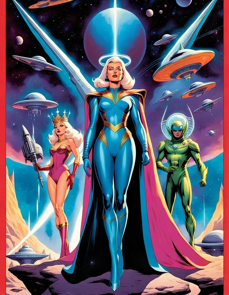 In the vast expanse of space, a trio of cosmic heroes stands tall, ready to protect the universe from any threat. In the center, the radiant Star Maiden, with her flowing blonde hair and dazzling blue cape, exudes power and authority. To her left, the fierce and fearless Princess Galactica brandishes a rocket launcher, prepared to blast any enemy who dares to challenge them. On her right, the enigmatic Green Guardian, with his otherworldly helmet and sleek green suit, possesses the power to manipulate time and space. United they form an unstoppable force, dedicated to preserving peace and justice throughout the cosmos.