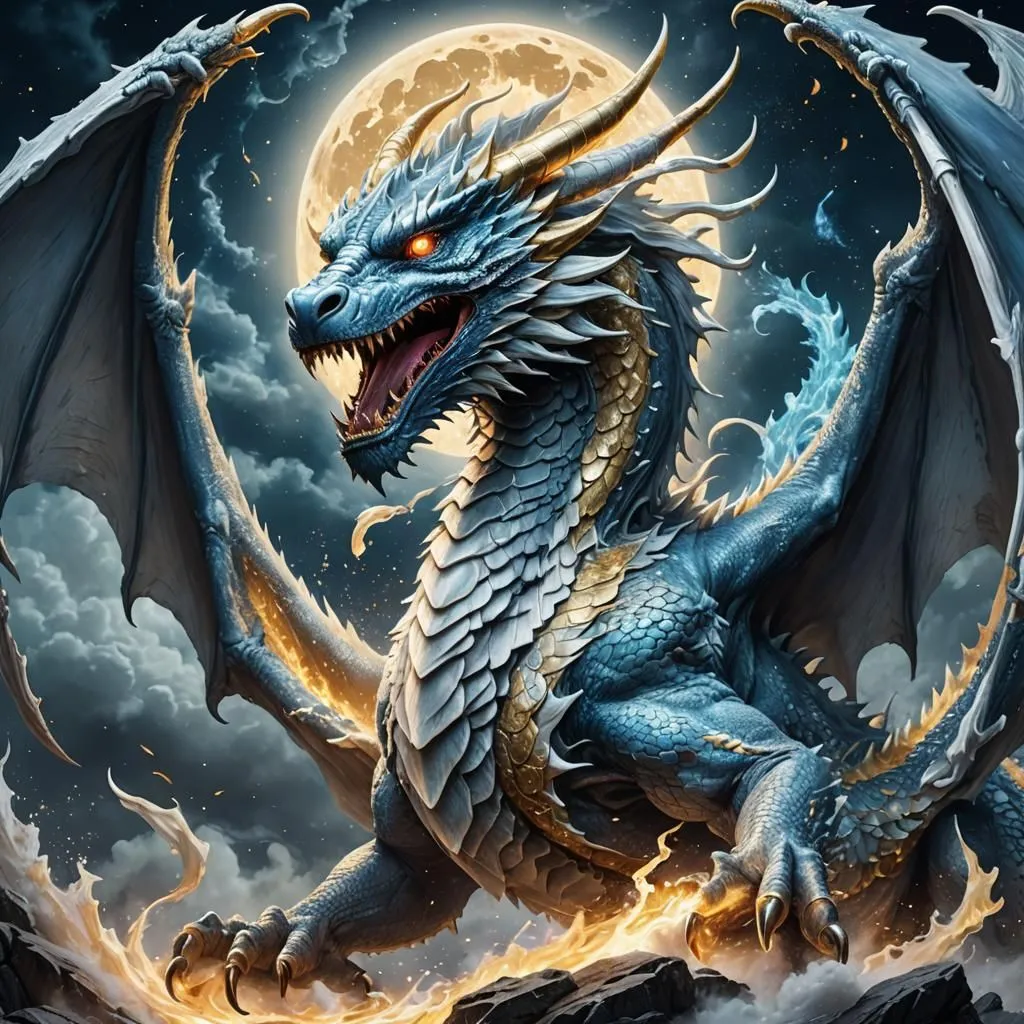 The dragon is a fearsome creature with a long, serpentine body covered in scales. It has a pair of powerful wings and a long, forked tail. The dragon's head is狰狞的, with a large mouth full of sharp teeth. Its eyes are a deep, piercing blue, and they seem to glow with intelligence. The dragon is standing on a rocky crag, and it is surrounded by flames. The background is a dark, stormy sky, and the moon is full.