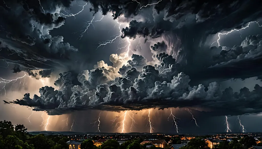 A dark and stormy night. The sky is filled with thick, black clouds that are lit up by frequent bolts of lightning. The thunder is loud and the rain is coming down in sheets. The wind is howling and the trees are swaying. It is a wild and dangerous night.