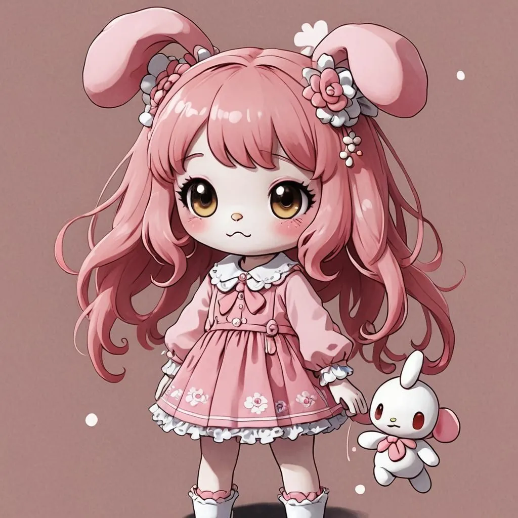 The image shows a cute anime girl with pink hair and rabbit ears. She is wearing a pink dress with white sleeves and a white collar. She has a small white rabbit doll in her left hand. The background is a light pink color. The girl is standing on her tiptoes and has a big smile on her face.