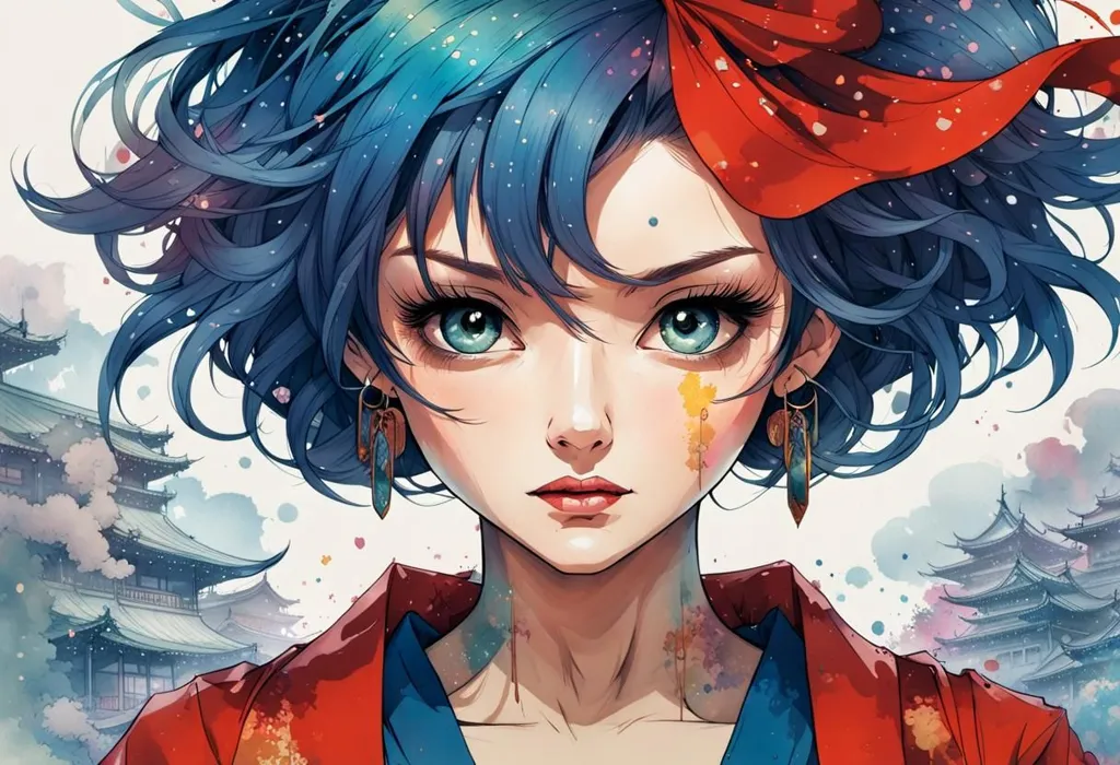 The picture shows a beautiful Japanese anime girl with blue hair and green eyes. She is wearing a red kimono with white and blue accents and a red bow in her hair. The background is white with a hint of blue and shows a traditional Japanese house. The girl's expression is serious.