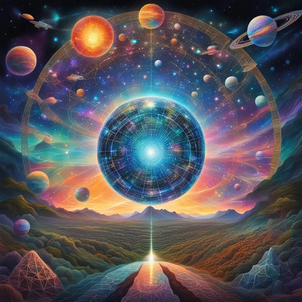 The image is a depiction of the universe. It shows a large, glowing sphere in the center, which is surrounded by stars, planets, and galaxies. There is a planet in the foreground. The background is filled with stars and galaxies. The image is very colorful and has a lot of detail. It is also very symmetrical.