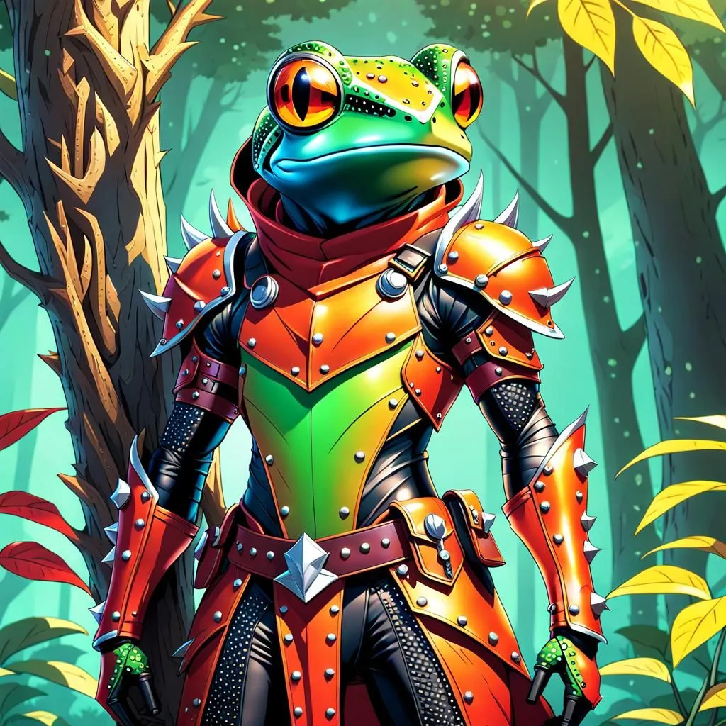 The image depicts a anthropomorphic frog wearing armor. The frog is standing in a forest, and is looking at the viewer. It is wearing a red and green breastplate, and has a sword at its side. The frog's skin is green, and it has large, yellow eyes.