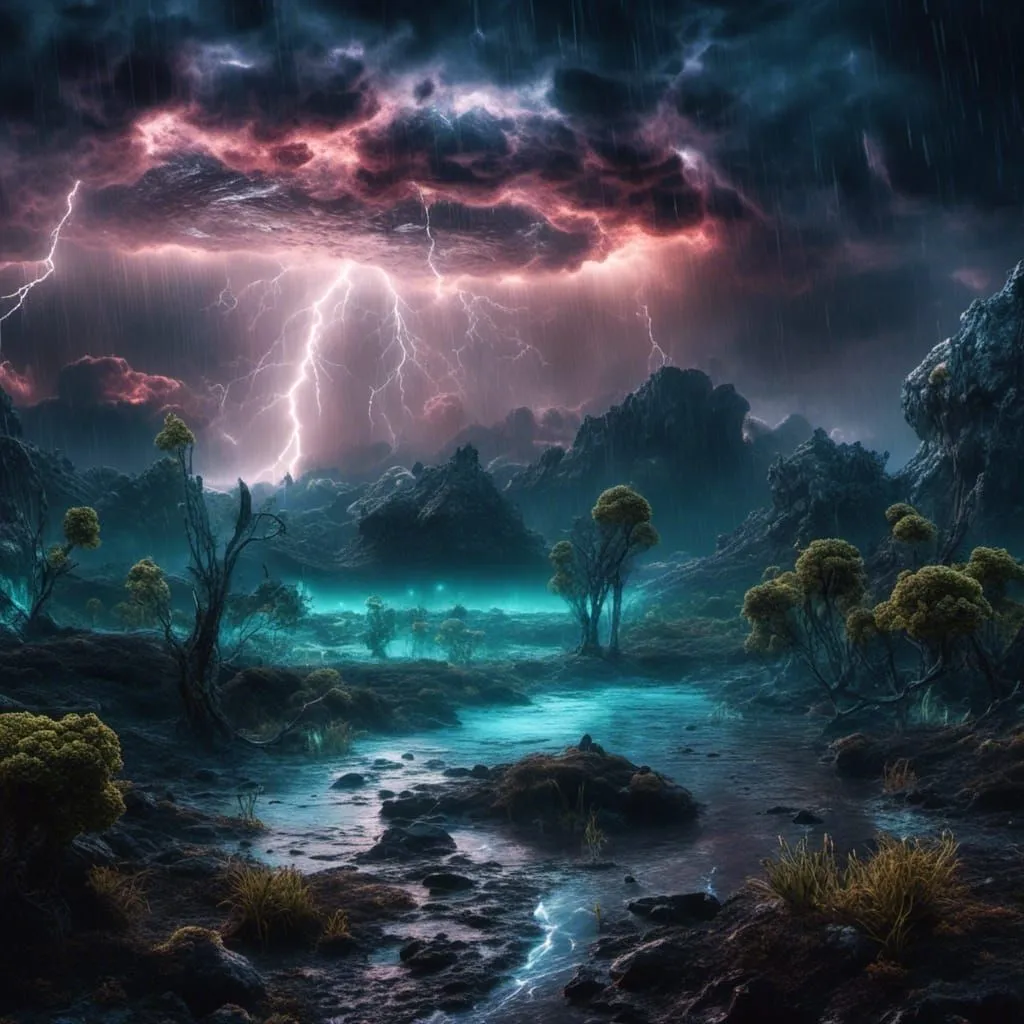 The image is a dark and stormy night. The sky is black and the clouds are thick. The lightning is flashing and the thunder is roaring. The rain is coming down in sheets. The trees are blowing in the wind and the river is overflowing. The scene is one of wild and untamed nature.