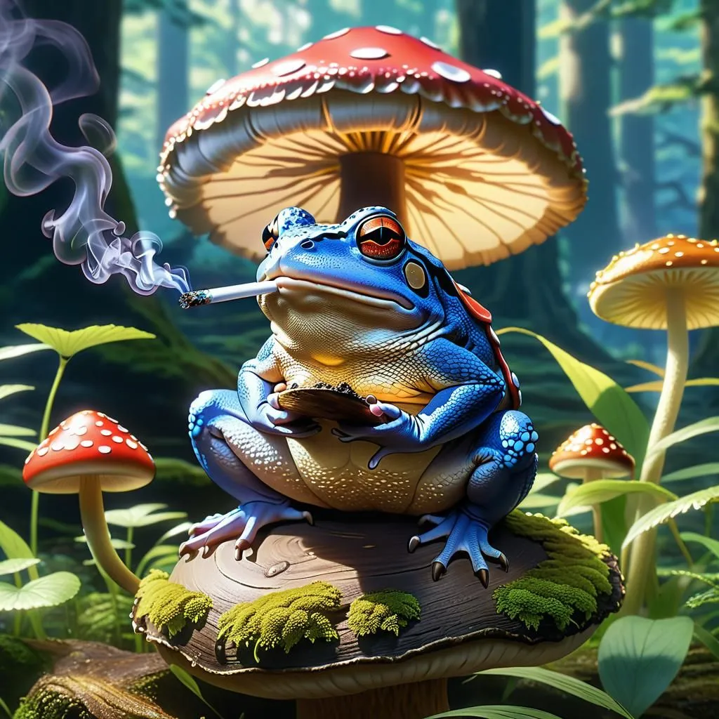 A blue frog wearing a red and white spotted mushroom cap is sitting on a brown mushroom smoking a joint. The frog has red eyes and is surrounded by green leaves and red and white spotted mushrooms. In the background there are tall green trees.