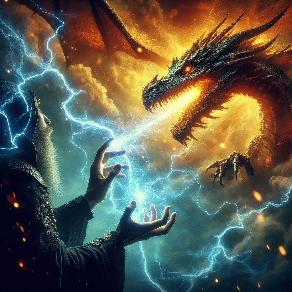 The image shows a wizard battling a dragon. The wizard is standing on the left side of the image, with his hands outstretched and a powerful lightning spell forming between them. The dragon is on the right side of the image, its wings spread wide and its mouth open, ready to breathe fire. The background is a stormy sky, with dark clouds and lightning bolts flashing.