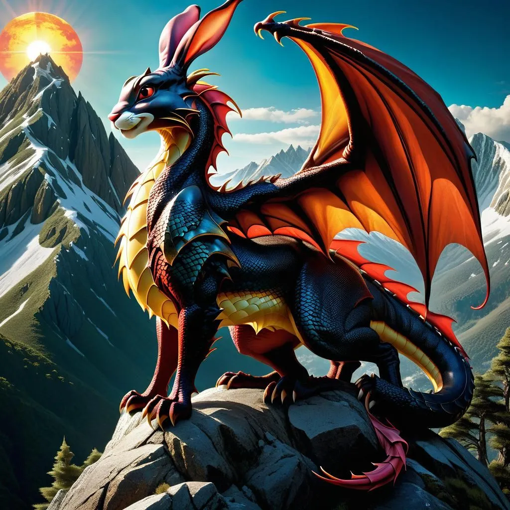 The dragon is a majestic creature with the head of a rabbit, the body of a lizard, and the wings of a bat. It is covered in blue, green, and yellow scales and has a long, forked tongue. The dragon is perched on a rock in front of a mountain range. The sun is setting behind the mountains, and the sky is a deep orange. The dragon is looking out over the landscape, its eyes glowing red.