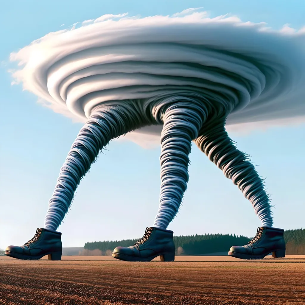 The image shows a tornado that has taken on a humanoid form. It has legs and is wearing shoes. The tornado is walking through a field, and there are trees and hills in the background. The tornado is made of clouds, and it is unclear what is causing it. The image is both surreal and thought-provoking. It is a reminder that even the most powerful natural forces can be harnessed for good or for evil.