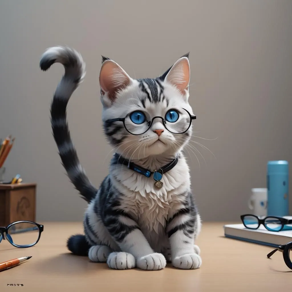 The image shows a cute cat wearing horn-rimmed glasses. The cat is sitting on a desk, with a stack of books and a pencil behind it. The cat is looking up at the camera with its big, blue eyes. Its tail is curled up around its body. The cat is wearing a blue collar with a tag on it. The tag has the cat's name, \