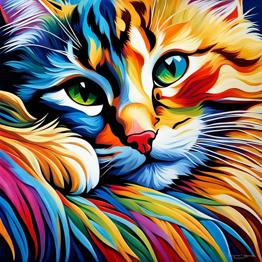 A multi-color portrait of a cat. The cat has green eyes and a pink nose. The fur is a rainbow of colors including blue, green, yellow, orange, red, purple, pink and white. The background is a dark blue. The painting is in a modern abstract style.