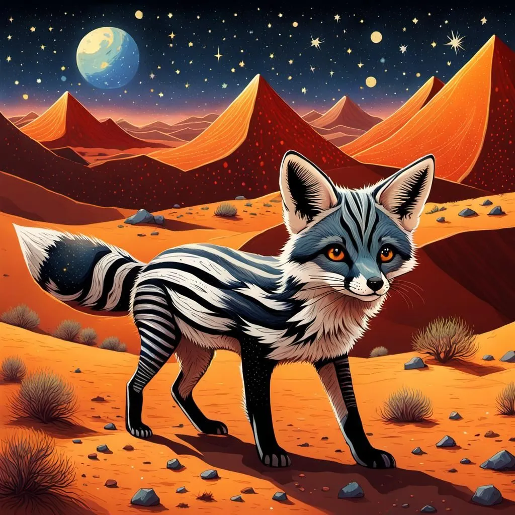 The image shows a small, striped fox-like creature with big ears standing in a desert at night. The creature has black and white stripes, a long tail, and pointed ears. It is standing on a rock, and there are other rocks and cacti in the background. The sky is dark, and there are stars and a moon in the sky. The creature is looking at the viewer.