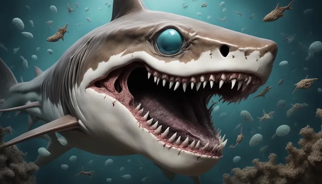 The image shows a large, prehistoric shark with its mouth wide open. The shark has a blue eye, sharp white teeth, and a long, pointed snout. It is surrounded by small fish. The shark's body is covered in scars, suggesting that it has been in many fights. The background is a deep blue color, with a few small fish and pieces of coral.