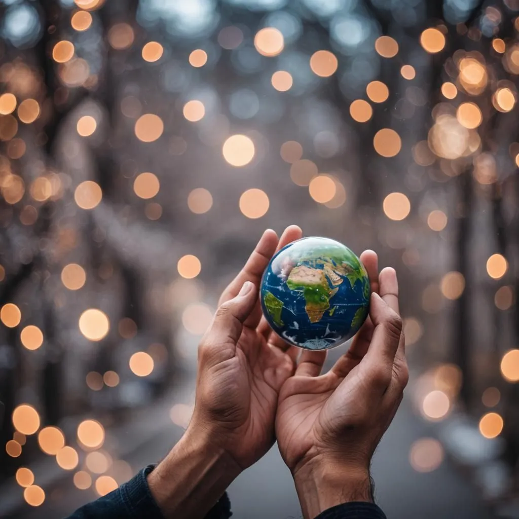 In the middle of a road with blurred lights in the background, a person is holding a small globe in the palm of their hand. The globe is mostly blue with some areas of brown and green. The hand and the globe are sharply focused while the background is blurred.