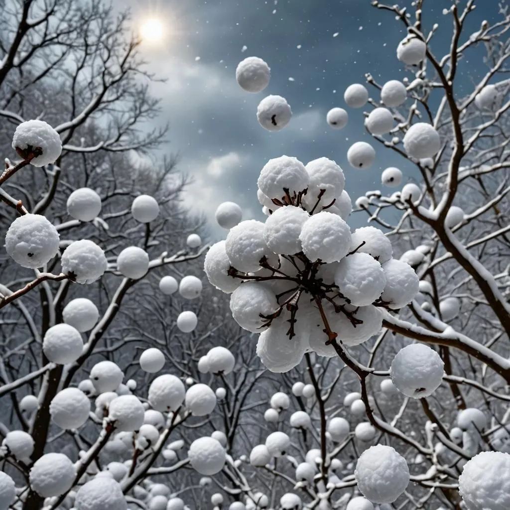 A tree branch is covered in snow. The snow is falling in large clumps. The clumps of snow are round and white. They look like giant snowballs. The snow is falling heavily and it looks like it will continue to snow for some time. The tree is bare except for the snow. The snow is very thick and it looks like it will be difficult to remove.