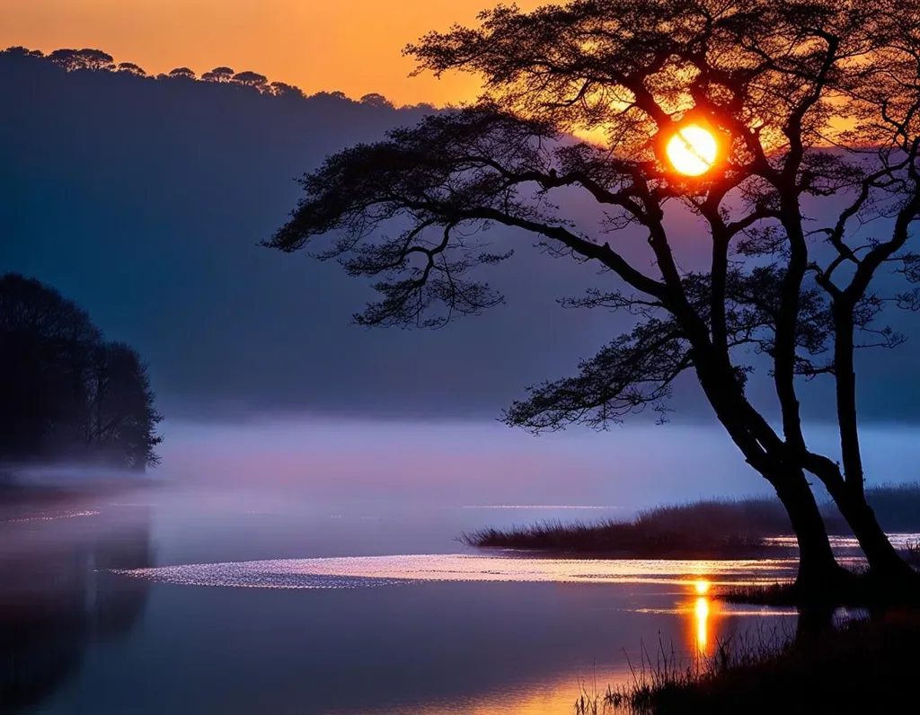 The setting sun casts a golden glow on the lake and the trees on the shore. The sky is a deep blue, and the sun is a bright yellow. The trees are reflected in the water with a beautiful sunset sky.