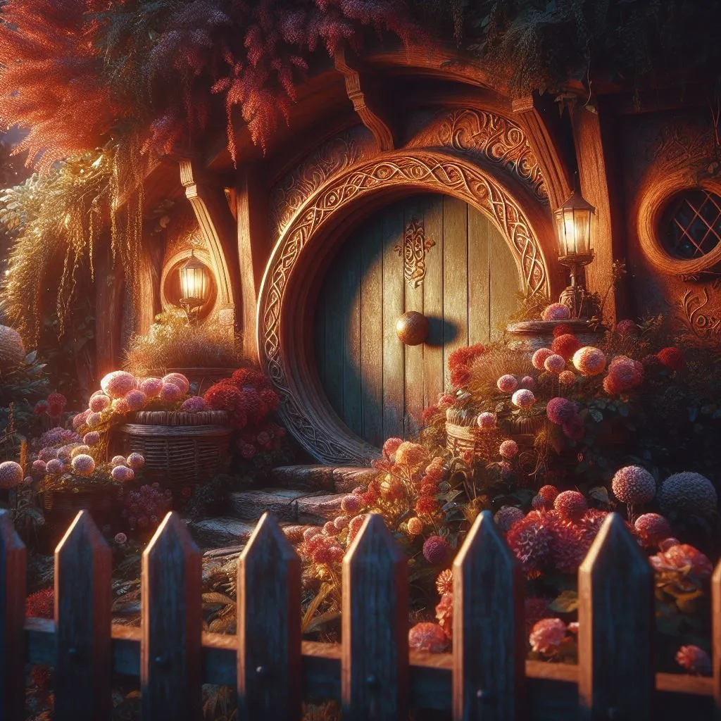 The image is a beautiful rendering of a hobbit hole. The round door is made of wood and has a brass doorknob. The door is surrounded by a garden of flowers in full bloom. There is a small fence in front of the garden. The hobbit hole is nestled into a hill and is surrounded by trees and shrubs.