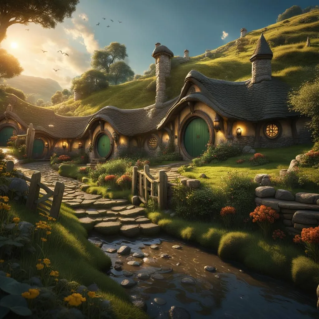 The image is a digital painting of a hobbit hole. The hobbit hole is a round, underground home with a green door and a thatched roof. It is located in a rural setting, with a small stream running in front of it. The surrounding landscape is green and hilly, with trees and flowers in bloom. The image is peaceful and serene, and it evokes a sense of wonder and magic.