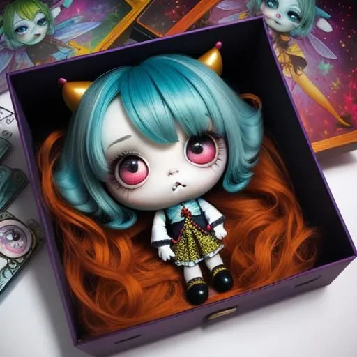 The image shows a small doll with blue hair and orange eyes. It is wearing a white dress with a yellow collar. The doll is sitting in a purple box. The box is decorated with stars and moons.