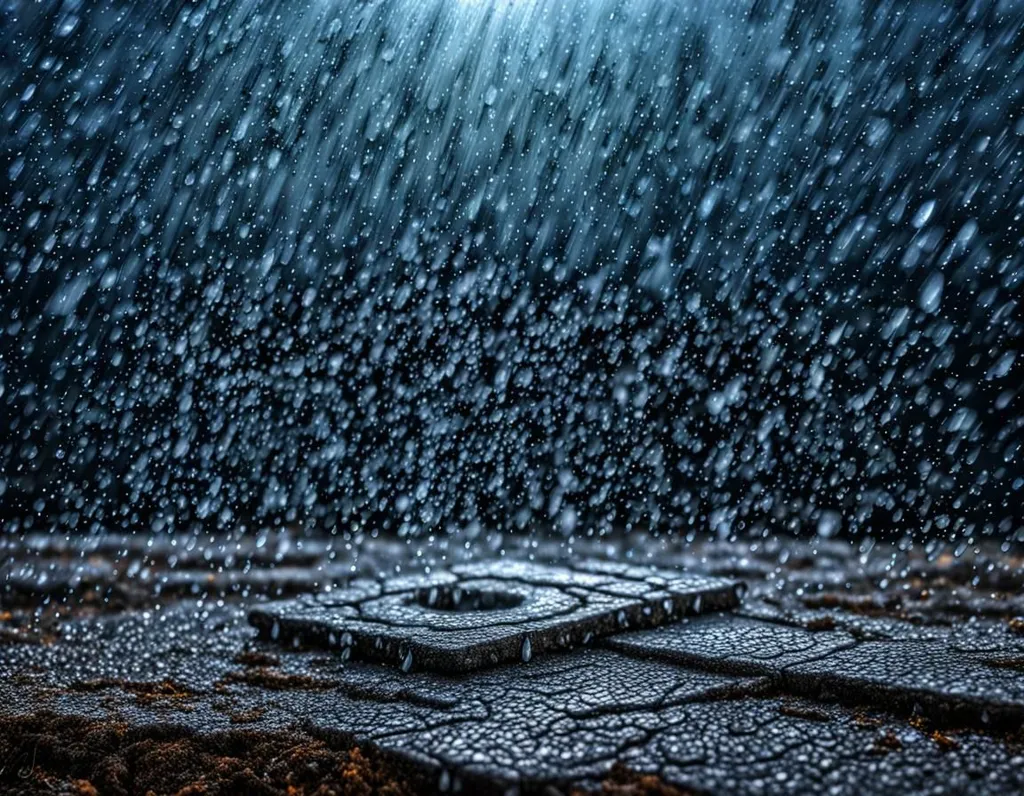 The image is a close-up of a rainy day. The rain is falling heavily and the water droplets are hitting the ground and splashing. The image is dark and moody, and the only light comes from the rain. The rain is falling in sheets and the image is very atmospheric.