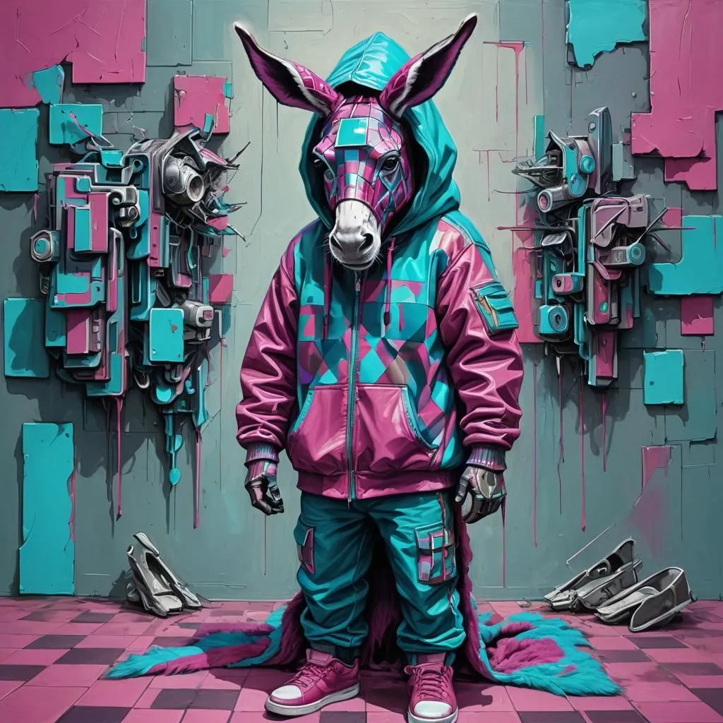 A donkey wearing a pink and blue tracksuit and a hood is standing in a room with blue and pink walls. The donkey is wearing a pair of sneakers and has a chain around its neck. There are some electronic devices on the walls. The donkey is looking at the viewer with a serious expression.