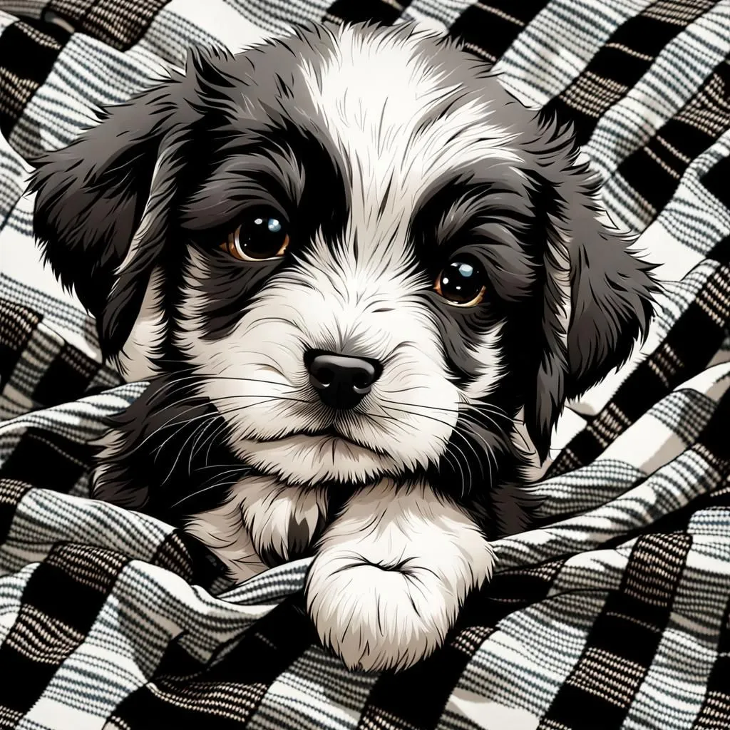 The image shows a cute puppy with black and white fur. It is wrapped in a blanket with a plaid pattern. The puppy has its eyes open and is looking at the viewer. The puppy's expression is one of curiosity and alertness. The puppy's fur is soft and fluffy. The blanket is soft and warm. The puppy is safe and secure.