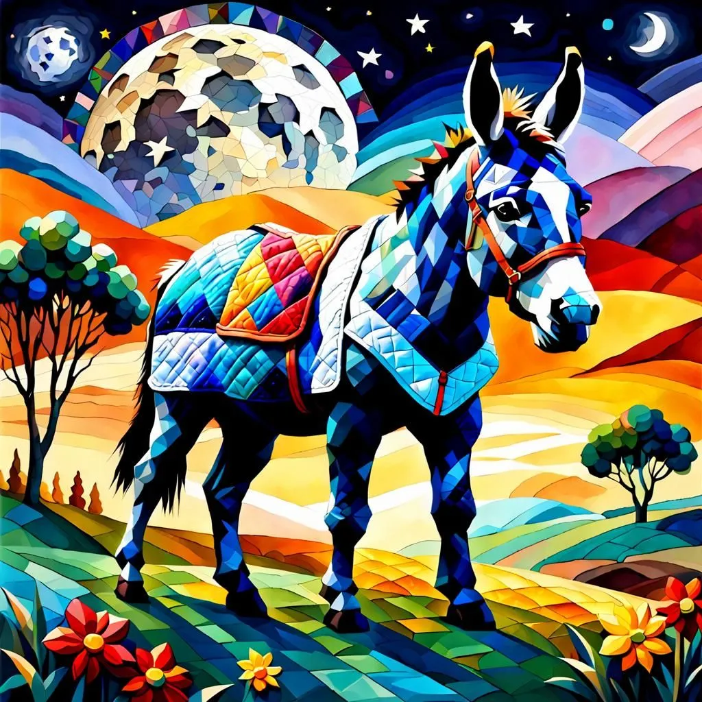 A brightly colored donkey stands in a field of flowers under a starry night sky. The donkey is wearing a colorful blanket with patterns. The background is a bright yellow. The donkey is looking at the viewer with a calm expression.