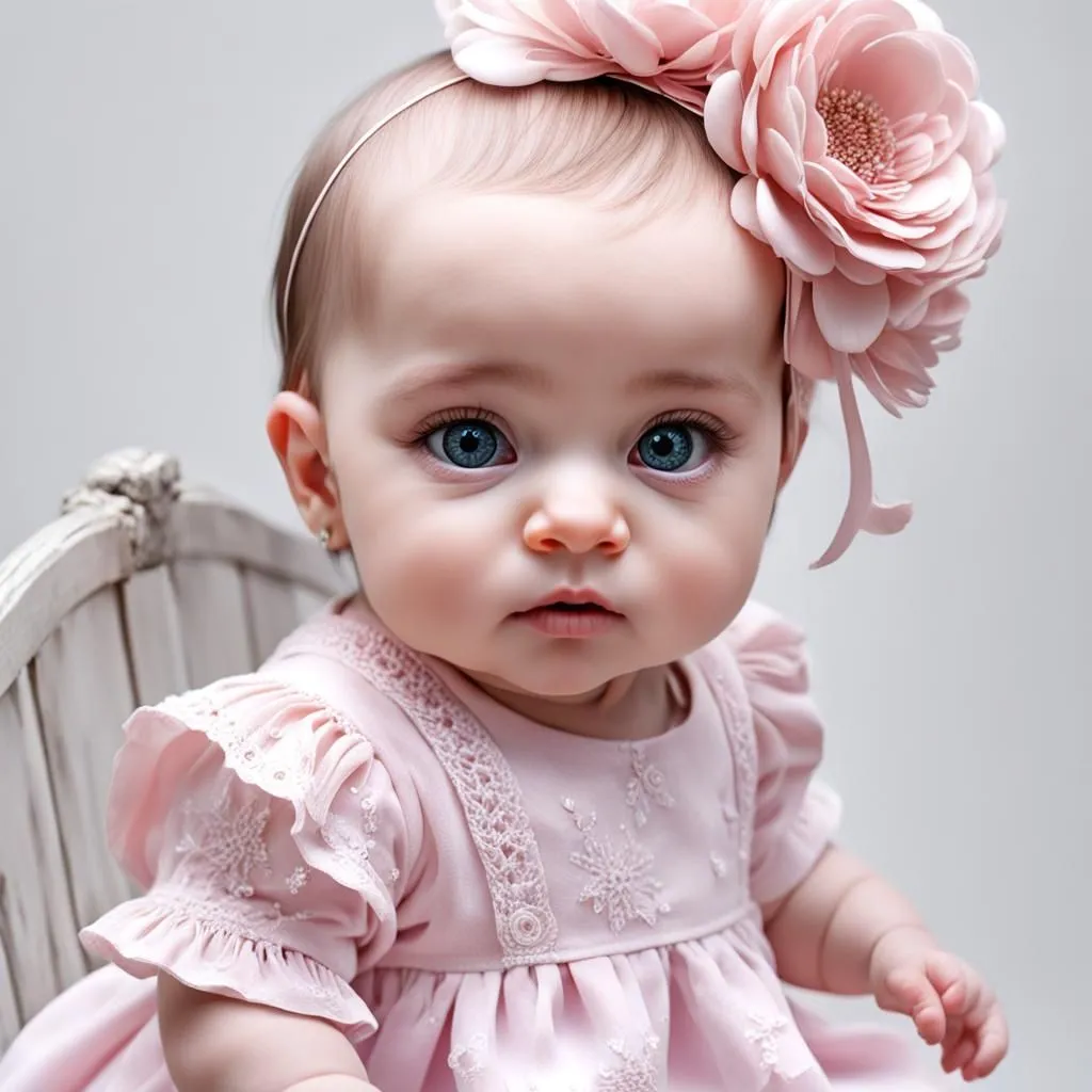 The baby is wearing a cute pink dress with a big pink flower on her head. She has big blue eyes and a tiny nose. She is sitting in a white chair and looking at the camera. She is so adorable!