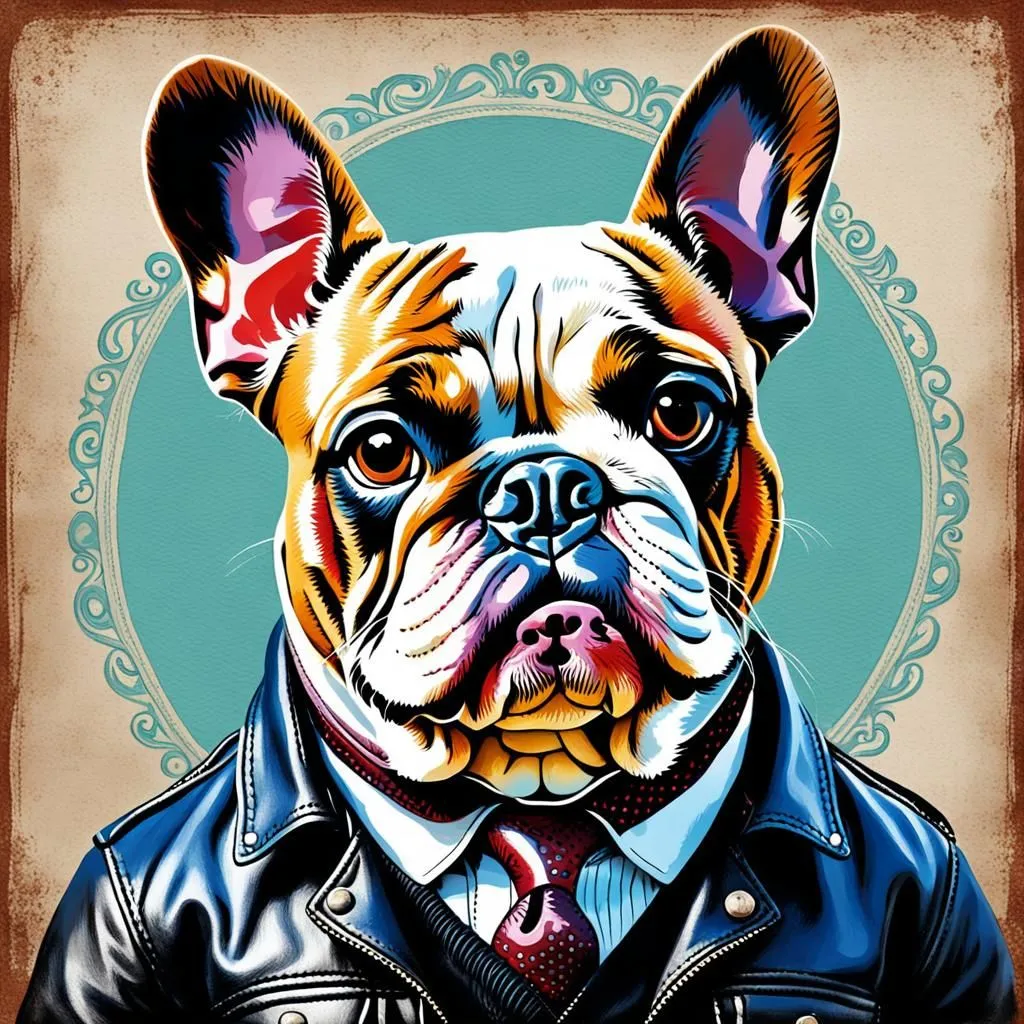 The image contains a portrait of a French bulldog. It is wearing a black leather jacket and a red tie. The background is a blue circle with an ornate white frame. The dog is looking at the viewer with a serious expression.