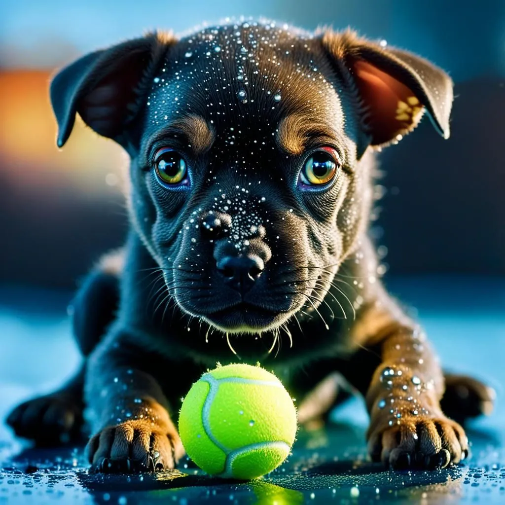 The image shows a small, wet puppy with big, round, amber eyes. The puppy is staring at the camera with its head cocked to one side. It has a black nose and a pink tongue. Its fur is dark brown. The puppy is sitting on a blue surface with a bright green tennis ball in front of it. The background is blurred.