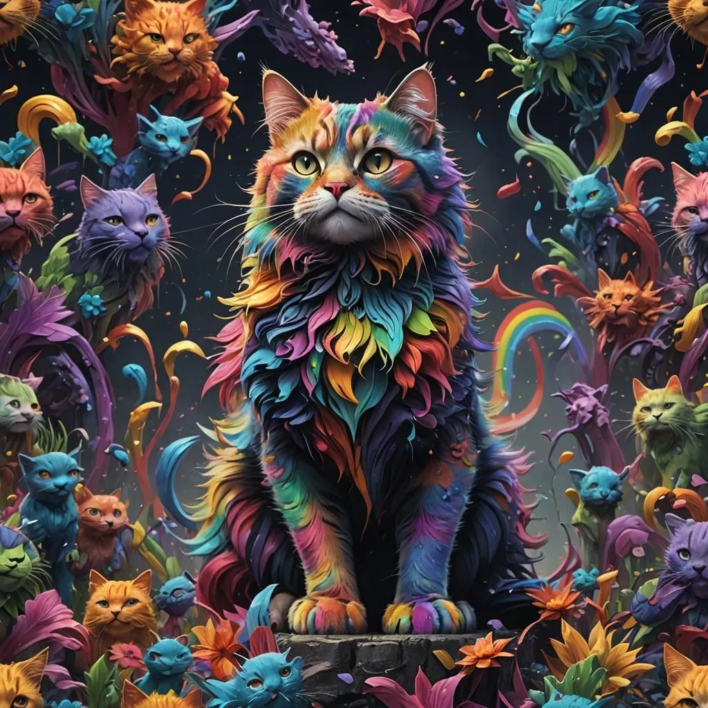 A digital painting of a cat with rainbow fur, surrounded by other cats and flowers. The painting has a surreal and whimsical quality, and the colors are vibrant and saturated. The cat in the center is sitting on a rock, and it is looking out at the viewer with a confident expression. The other cats are all different colors and sizes, and they are all engaged in different activities. Some of the cats are playing, some are sleeping, and some are just sitting and watching the cat in the center. The flowers are all different colors and shapes, and they are all in bloom. The painting is set against a dark background, which makes the colors of the cats and flowers stand out even more.