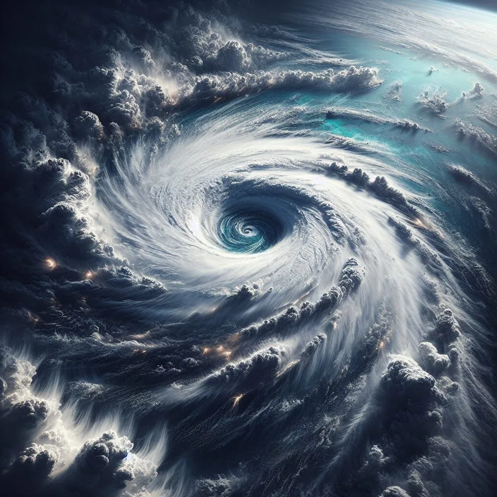 The image shows a hurricane from space. The hurricane is a large, rotating storm that is formed over the ocean. It has a spiral shape, with the winds blowing inward toward the center. The center of the hurricane is called the eye, and it is usually calm and clear. The eye is surrounded by a wall of clouds and rain, and the winds in this area are the strongest. Hurricanes can cause a lot of damage, and they can be very dangerous.