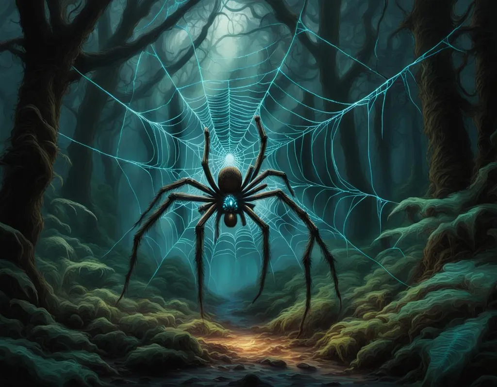 In the heart of the mystical forest, an enormous spider perches atop a colossal web. The creature's exoskeleton shimmers with an otherworldly glow, its eight eyes reflecting the dim light that filters through the dense canopy. The intricate web shimmers with threads of silver and blue, its delicate structure contrasting sharply with the spider's menacing form. The forest floor is blanketed in a thick layer of moss, the only sound being the soft rustling of leaves as the spider awaits its next victim.