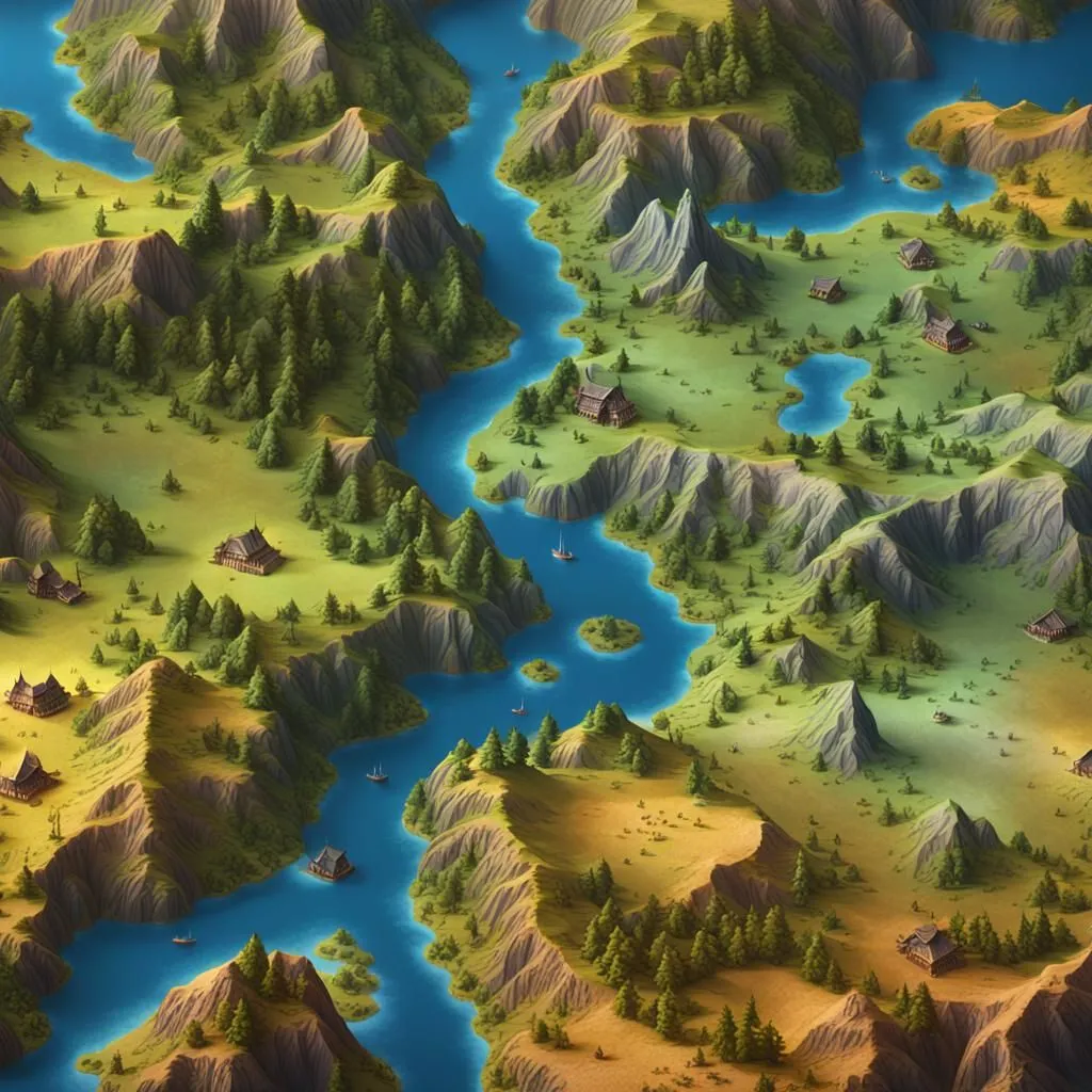 The image shows a top-down view of a fantasy landscape. There are several mountain ranges, with a river running through the middle of them. The river is wide and blue, and it winds its way through the mountains. There are several small islands in the river, and there are trees and other vegetation on the banks. The mountains are covered in snow, and there are some clouds in the sky. There are also several small villages scattered throughout the landscape. The villages are made up of small wooden houses, and they are surrounded by trees and farmland.