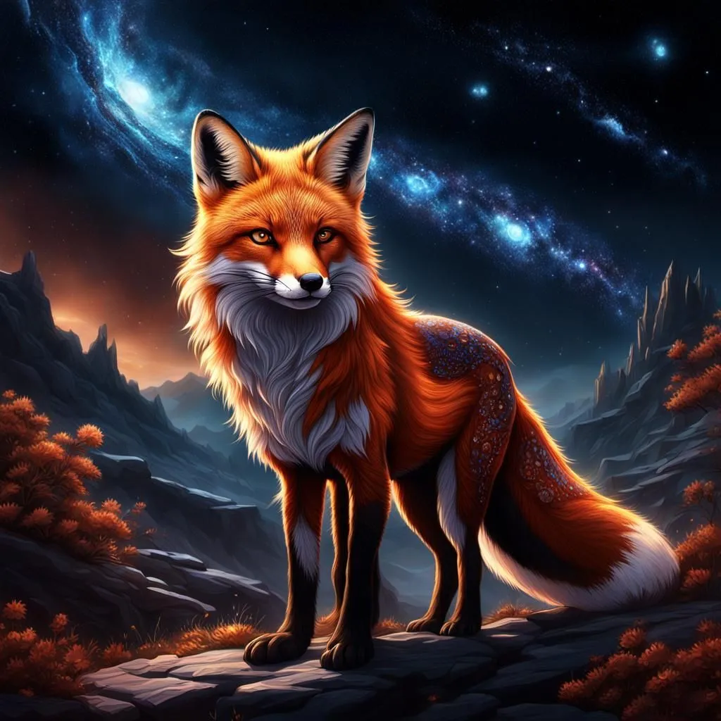 The majestic red fox stands tall on a rocky outcropping, silhouetted against a backdrop of towering mountains and a swirling night sky. Its fur is a vibrant orange, with intricate patterns of swirling red and yellow. The fox's eyes are a deep, piercing amber, and its tail is long and bushy. It is a creature of both beauty and mystery, and it seems to be aware of the power it holds. The fox is a symbol of cunning and intelligence, and it is said to be able to outwit even the most clever of opponents. It is also a symbol of freedom and independence, and it is said to be able to roam wherever it pleases. The fox is a powerful and respected creature, and it is one that should not be underestimated.