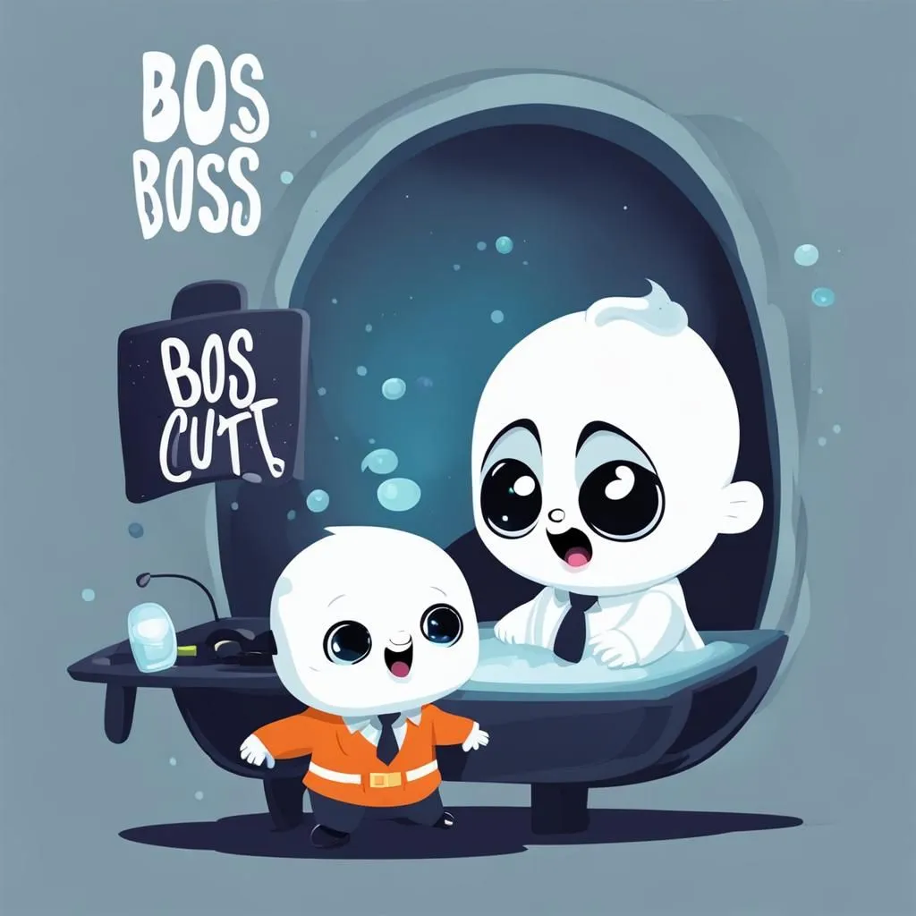 The image shows a cartoon of a baby sitting in a bathtub. The baby is wearing a white diaper and has a big smile on its face. There is another baby standing beside the bathtub. He is wearing a tie and has a serious expression on his face. The bathtub is labeled "Boss."