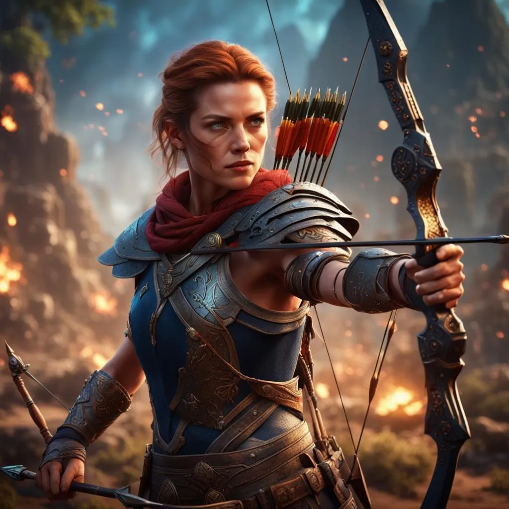 In the midst of a raging battle, a fierce warrior woman stands tall. Her red hair flowing behind her, she aims her bow and arrow with unwavering focus. Clad in a blue and gold armor, she exudes strength and determination. The clashing of swords and the roar of the battlefield provide the backdrop for this epic scene. Her eyes are narrowed in concentration as she takes aim at her target. The arrow is released, cutting through the air with deadly precision. She is a warrior, a survivor, and a force to be reckoned with.