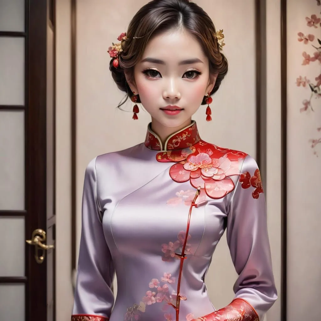 This is a picture of a young woman wearing a cheongsam. The cheongsam is a traditional Chinese dress that is typically worn by women. It is usually made of silk or other fine fabrics and is often decorated with intricate designs. The woman in the picture is wearing a purple cheongsam with a floral pattern. She is also wearing traditional Chinese jewelry, including a necklace, earrings, and a bracelet. Her hair is styled in a traditional Chinese bun and she is wearing light makeup.