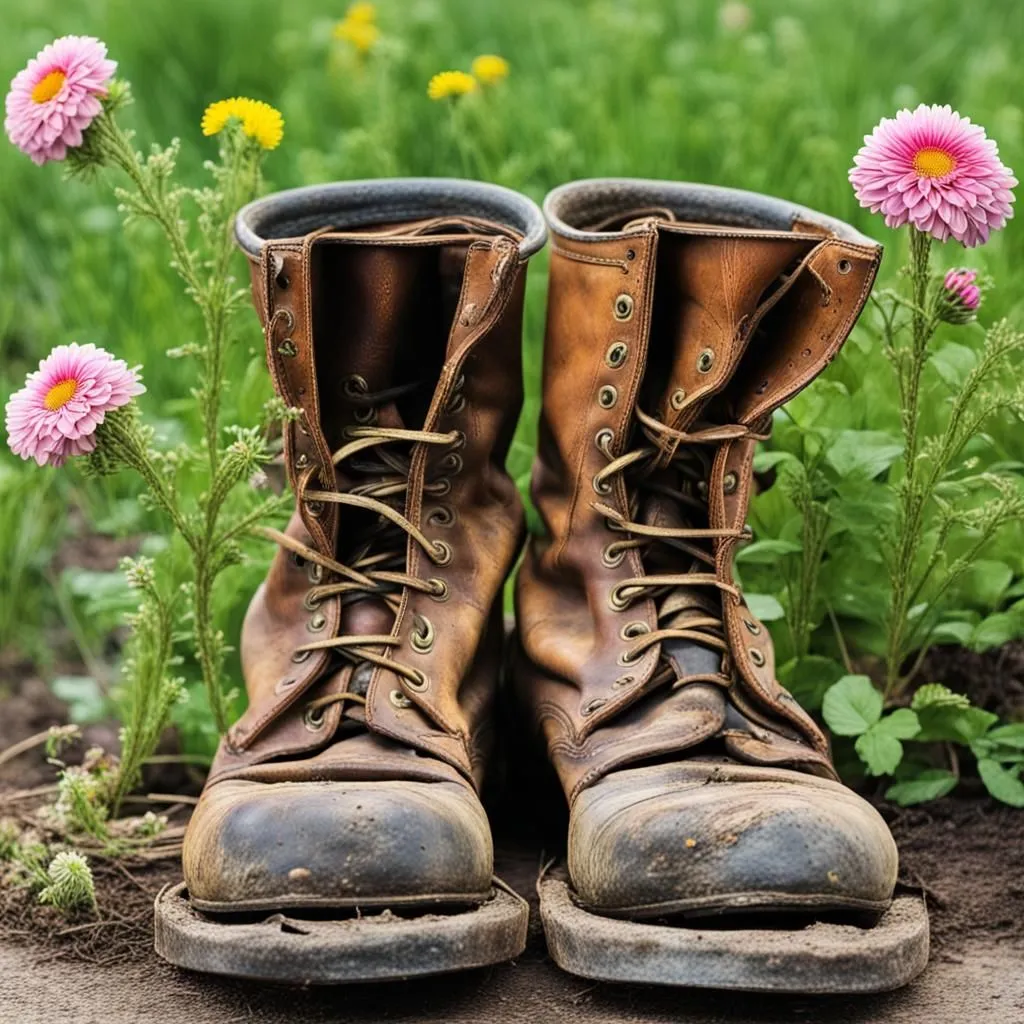 A pair of old brown leather boots is sitting in the middle of a field of flowers. The boots are unlaced and the tops are folded down. The flowers are pink, white, and yellow. The boots are covered in dirt and mud. The image is taken from a low angle, which makes the boots look larger than life. The background is blurry, which helps to focus the viewer's attention on the boots.