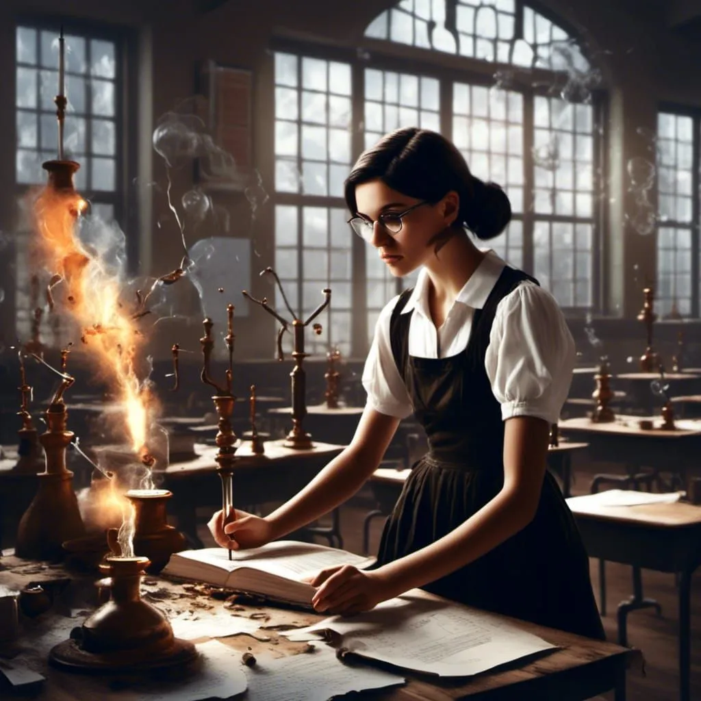 The picture shows a young woman wearing glasses and a white blouse. She is sitting at a wooden table in a library, writing in a book. There are many candles on the table, some of which are lit. The light from the candles is reflected in the woman's glasses. The woman is wearing a serious expression on her face. She is probably studying for an exam.