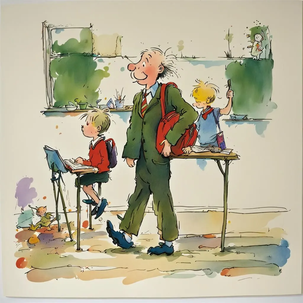 A teacher is walking into a classroom. He is wearing a suit and tie and has a briefcase in his hand. The teacher has a stern expression on his face. There are two students in the classroom. One student is sitting at a desk and the other student is standing at a table. The student at the desk is reading a book. The student at the table is painting.