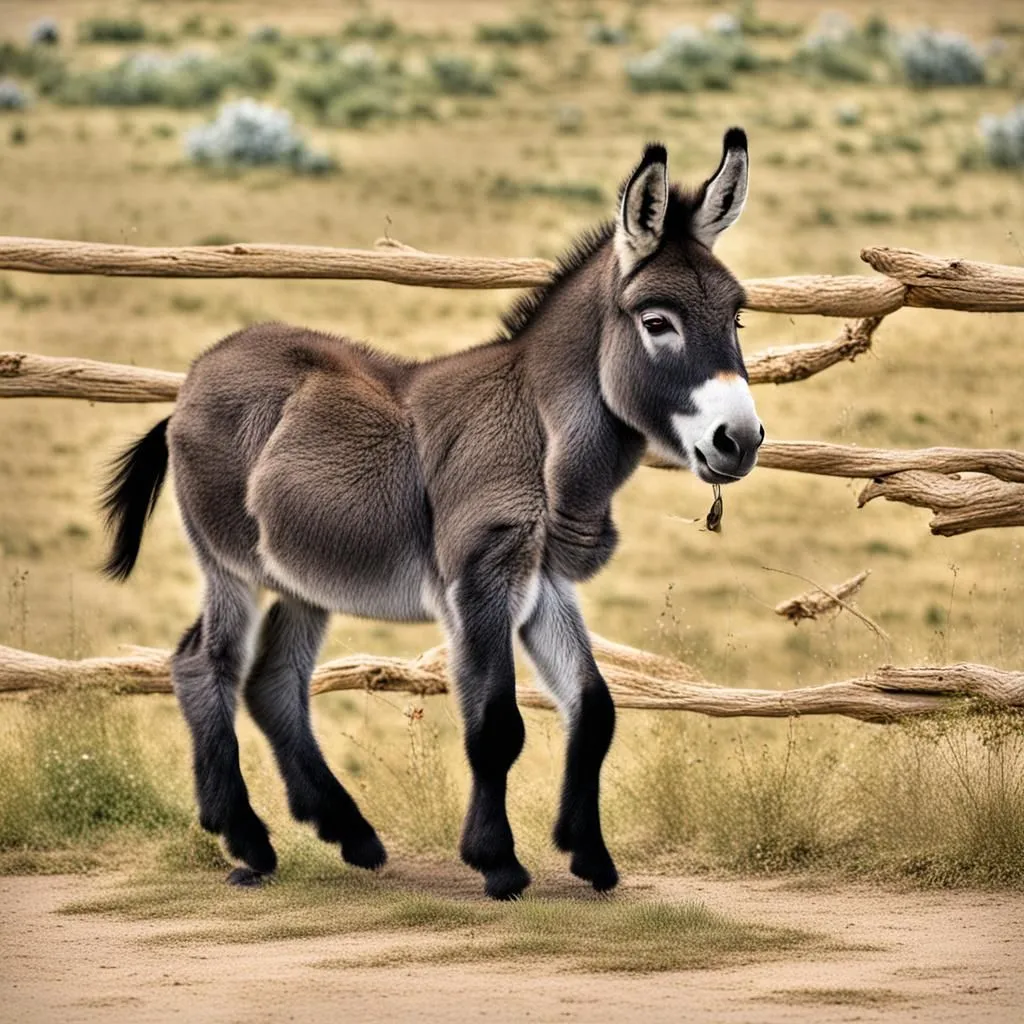 This image shows a donkey standing in a field. The donkey is brown and white, and it has a long tail. It is standing next to a wooden fence, and there is a field of grass behind it. The donkey is looking at the camera, and it has a curious expression on its face.