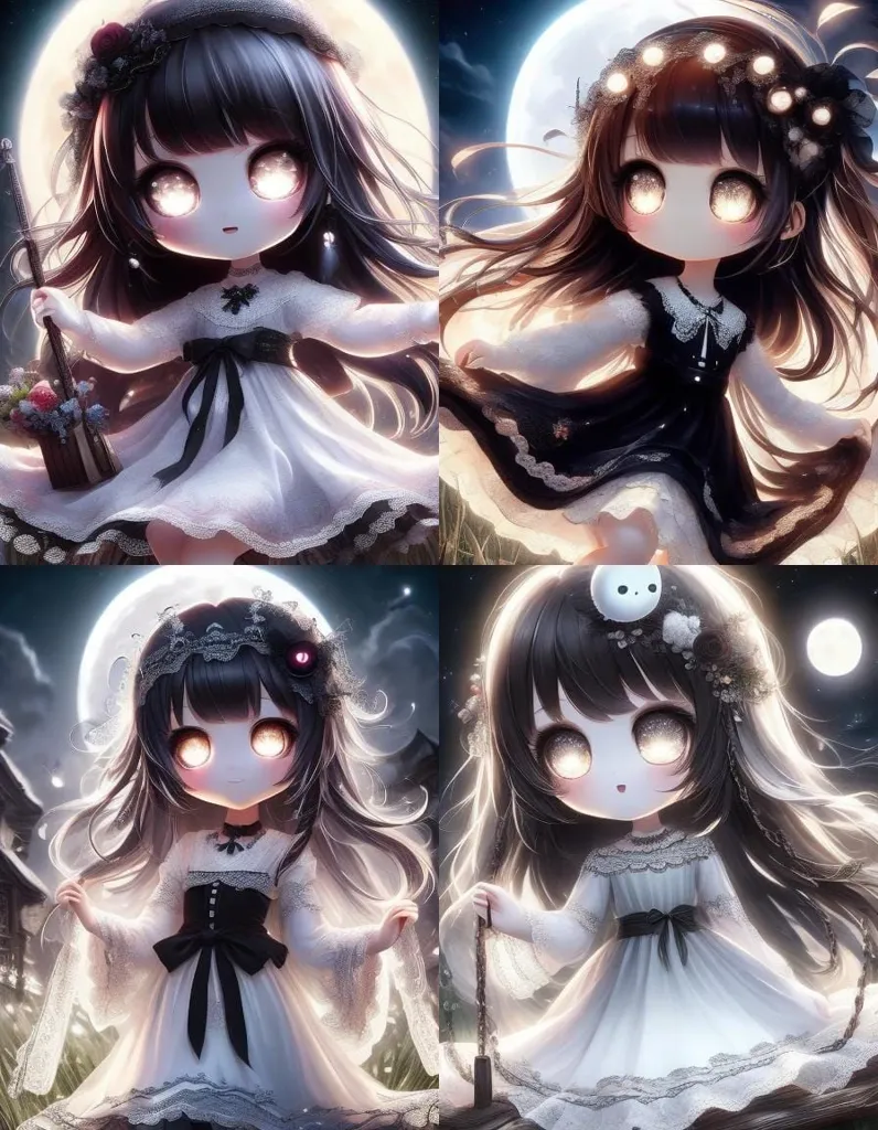 This image shows four different anime girls. They all have long black hair, big eyes, and pale skin. They are all wearing different dresses and have different hairstyles. The first girl is wearing a white dress with a black bow. She is holding a gun. The second girl is wearing a black dress with a white collar. She is standing in front of a moon. The third girl is wearing a white dress with a black corset. She is holding a staff. The fourth girl is wearing a black dress with a white collar. She is sitting on a fence.