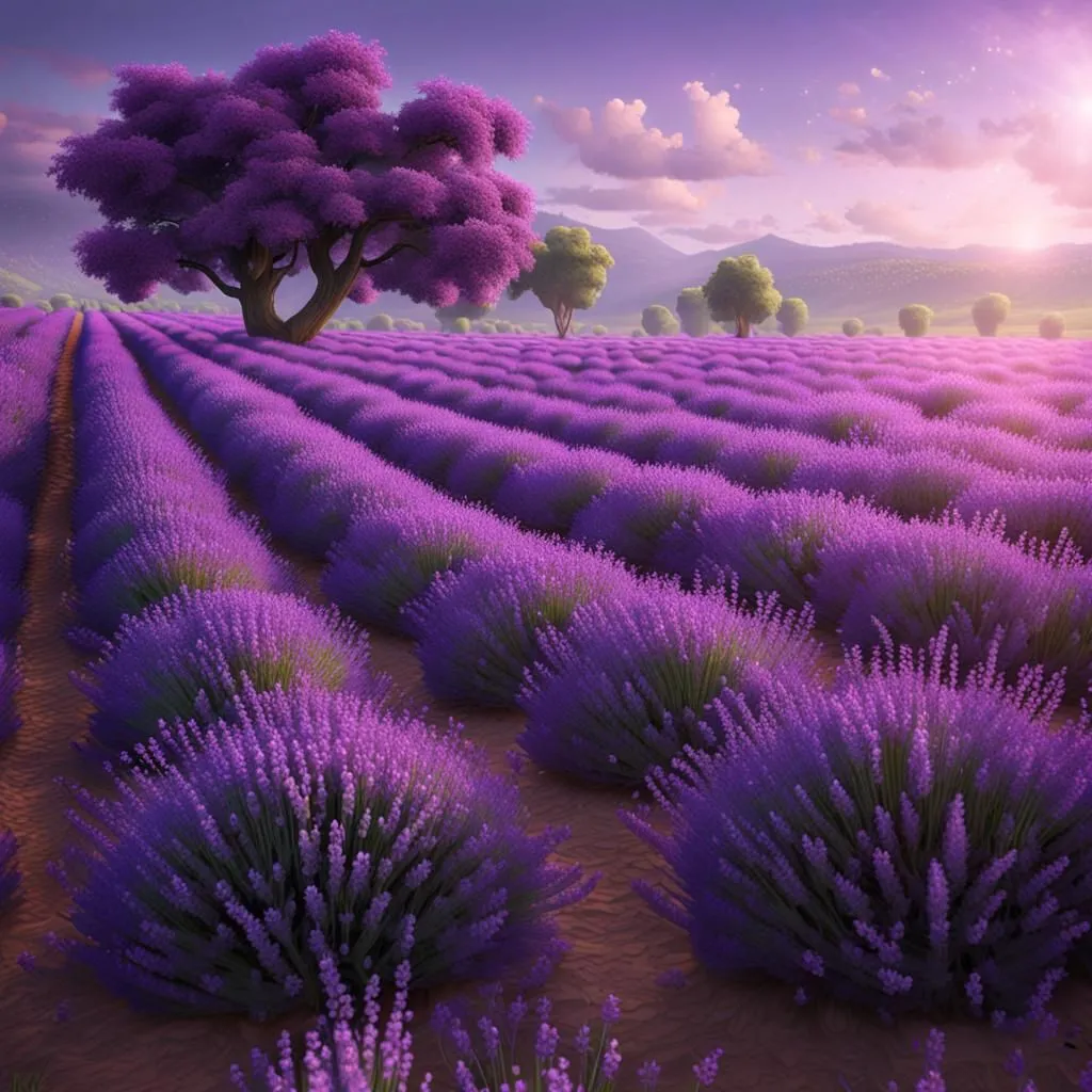 The image shows a field of lavender in bloom. The lavender is a beautiful shade of purple and the field is full of vibrant color. The lavender is planted in rows and there are a few trees in the background. The sky is blue and there are some clouds in the distance. The sun is shining and the lavender is glowing in the sunlight. The image is very calming and peaceful.