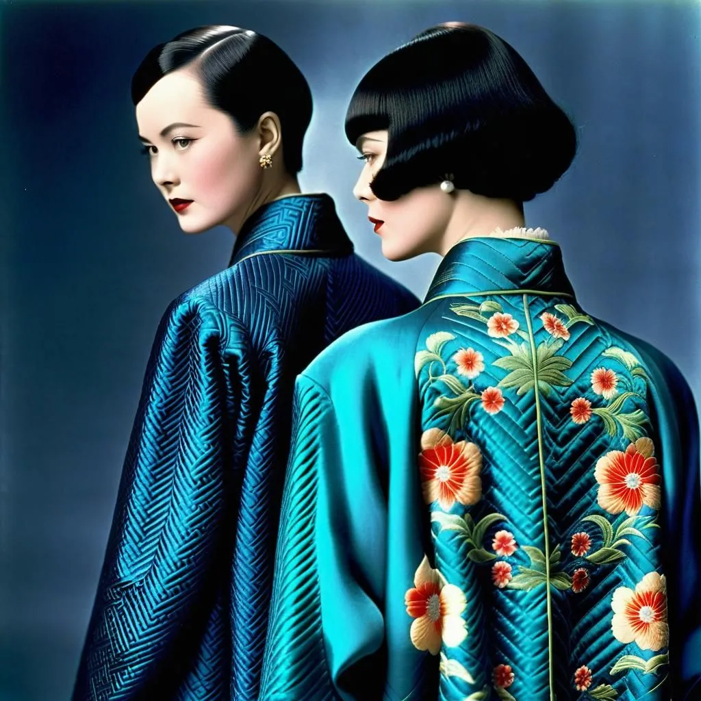 The picture shows two women wearing blue cheongsam with exquisite patterns. The cheongsam is a traditional Chinese dress that is often worn for special occasions. It is typically made of silk and has a high collar. The women in the picture are both wearing their hair in a traditional Chinese style. The picture is taken from behind, so we can see the beautiful details of the cheongsam.