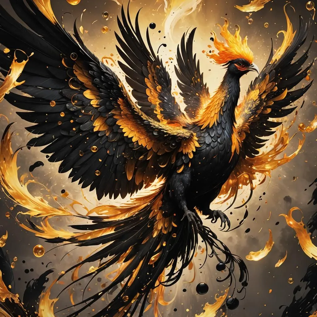 The image is a dark, majestic phoenix with its wings spread wide. The feathers are a deep black, with flecks of gold. The phoenix's eyes are a bright, piercing yellow. The background is a swirling mass of gold and black. The image is both beautiful and powerful, and it evokes a sense of awe and wonder.