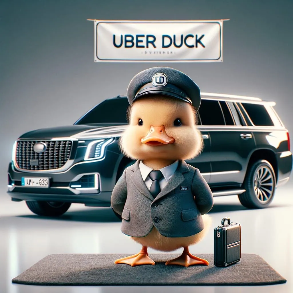 This is an image of a duck wearing a suit and hat. The duck is standing in front of a black luxury car. The duck has a briefcase in its wing. There is a sign above the duck that says \