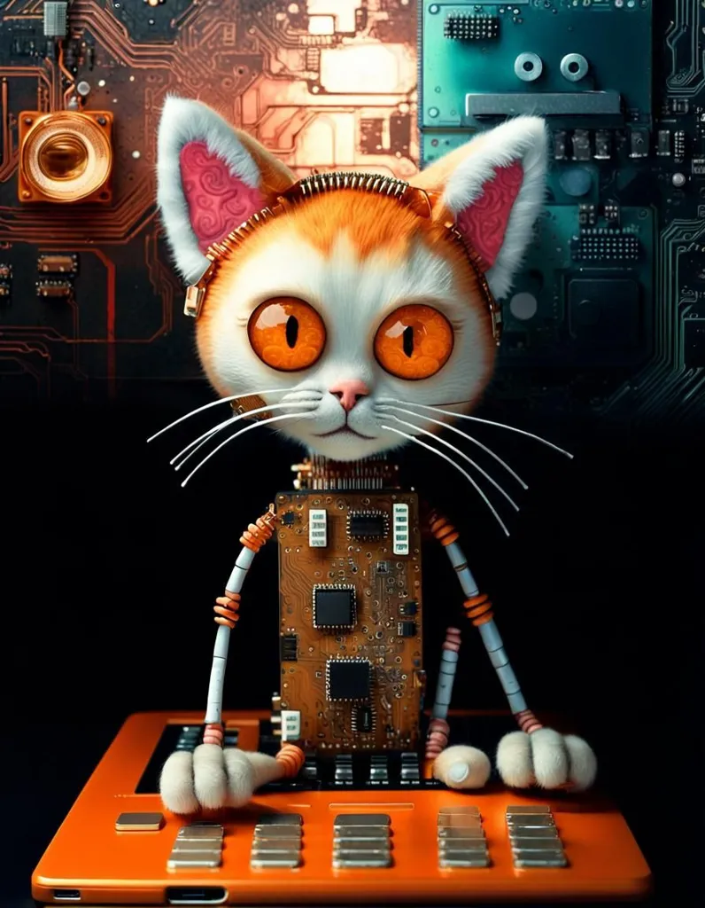 The image shows a cat-like creature with orange and white fur. It is sitting on a table and has a computer keyboard in front of it. The background is a circuit board with various electronic components. The cat-like creature is wearing a pair of headphones and has a serious expression on its face. It is possible that the creature is a robot or some kind of cyborg. It is also possible that it is a normal cat that is simply sitting in front of a computer.