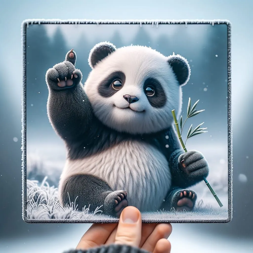 The image is of a panda holding a bamboo stick. It is standing on a snowy ground with a forest of pine trees in the background. The panda is black and white with a round face and fluffy ears. It is smiling and has one paw raised in the air, as if it is trying to get someone's attention. The image is cute and heartwarming, and it captures the panda's playful personality.