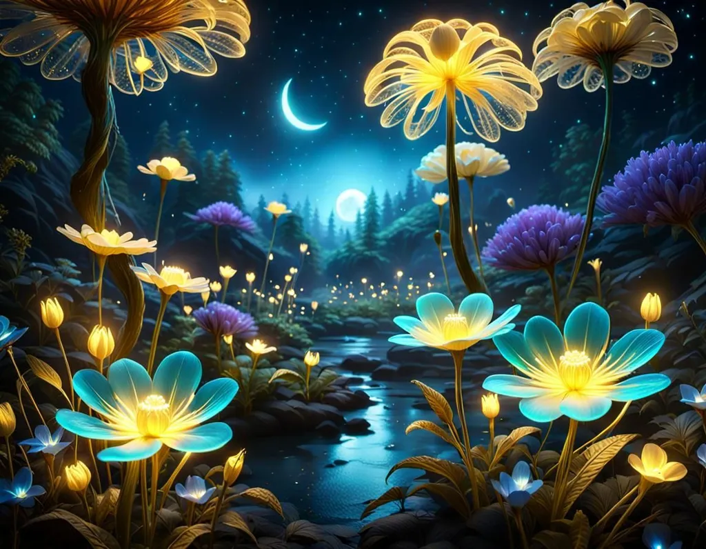 The picture is about a beautiful and surreal landscape with glowing flowers and plants. The flowers are of different colors, such as yellow, blue, and purple. The plants are also of different shapes and sizes. The background is a dark blue sky with a crescent moon. There is a river running through the middle of the picture. The water in the river is a deep blue color. The picture is very calming and peaceful.